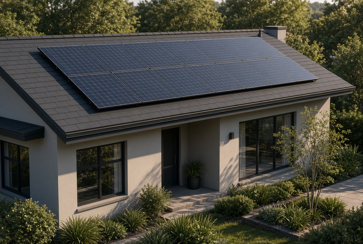 House with a rooftop solar array in late-day light