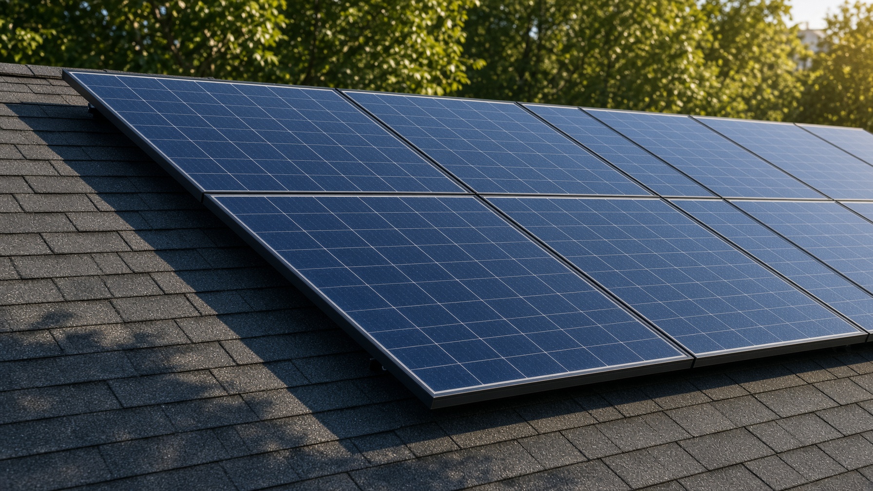 Close view of residential solar panels on asphalt shingles