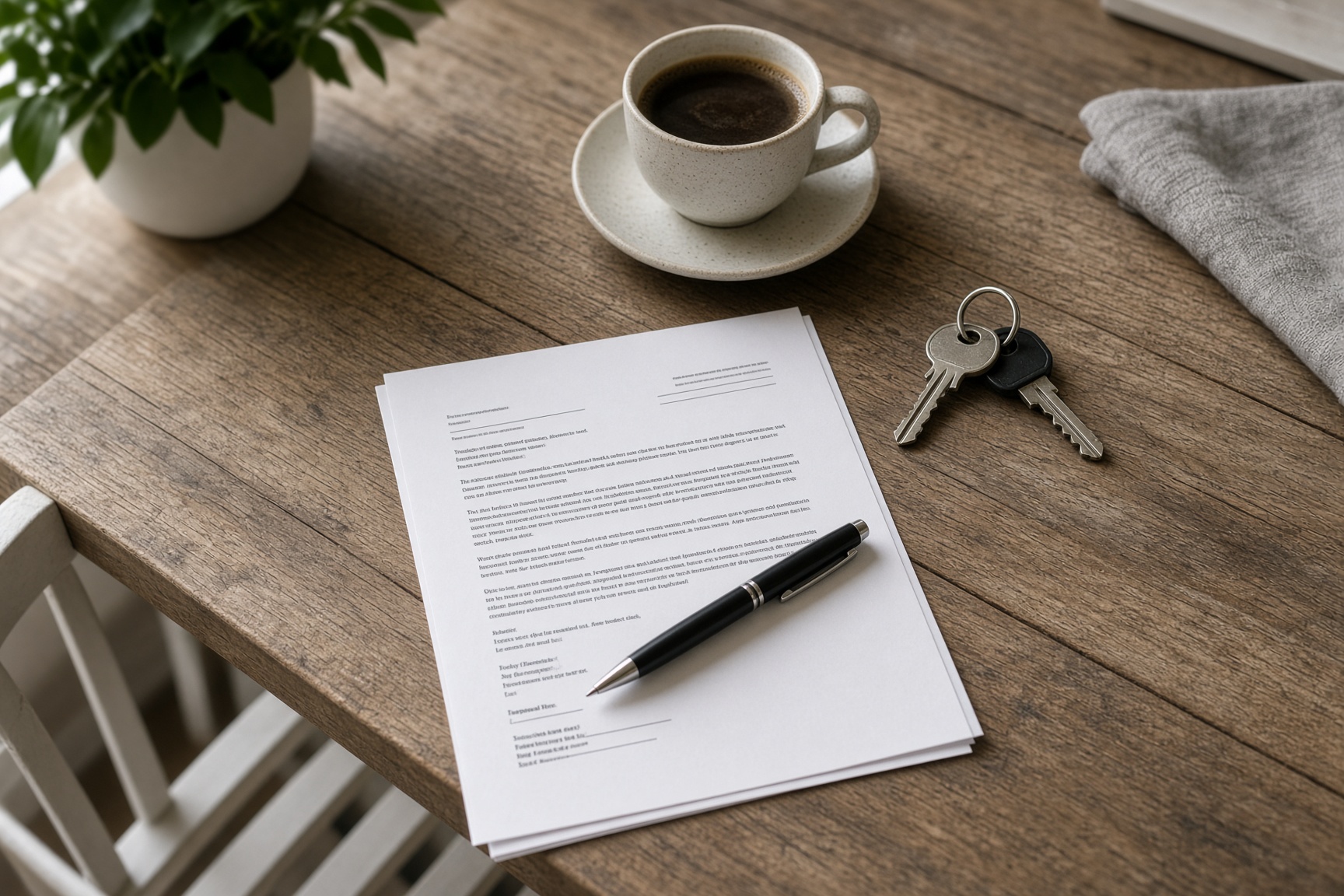 Printed agreement, pen, keys, and a cup on a kitchen table
